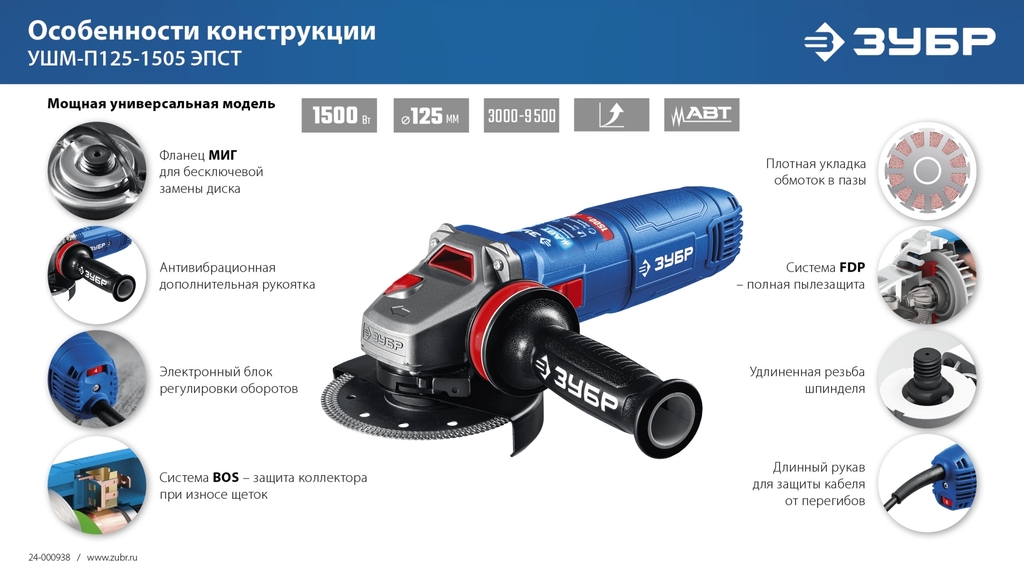 УШМ ЗУБР Профессионал 1500 Вт, d125 мм УШМ-П125-1505 ЭПСТ