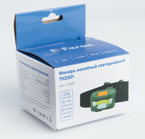 Фонарь FERON TH2301 налобный с аккумулятором 3W 1COB USB IP44, пластик, 41680