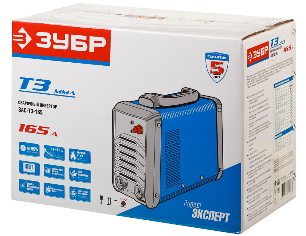 Инвертор сварочный ЗУБР ЗАС-Т3-165, MMA, IGBT, 6.6 кВА, 30А, Профессионал